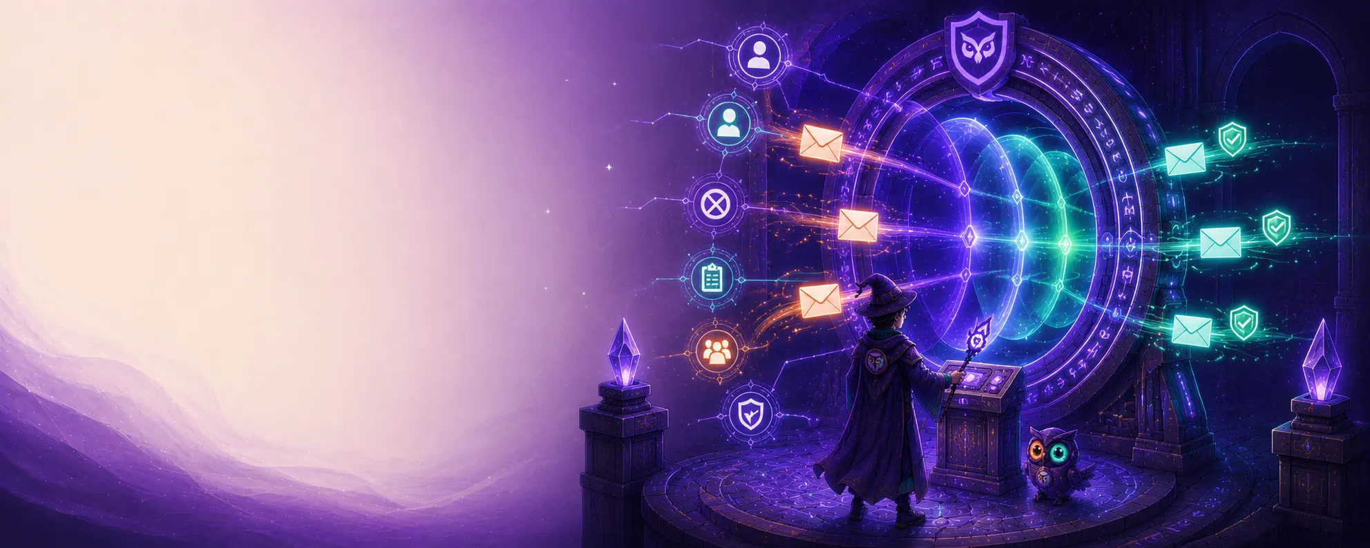 Emails passing through a glowing compliance gate, each checked before it is released