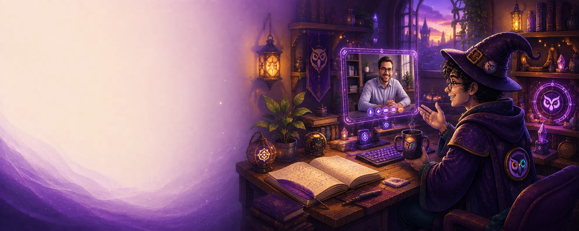 The Mage Mailer mage on a video call with a smiling business owner