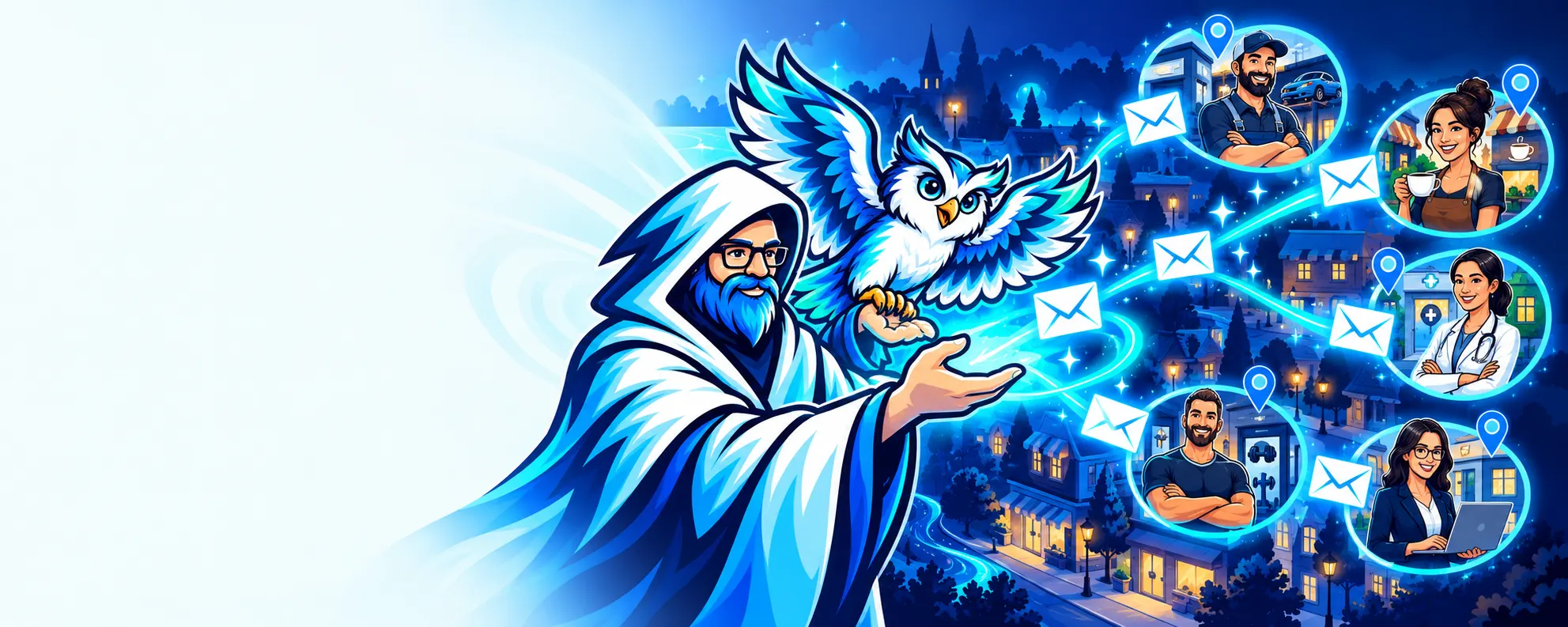 The Mage Mailer mage and owl connecting personalized email with local business owners