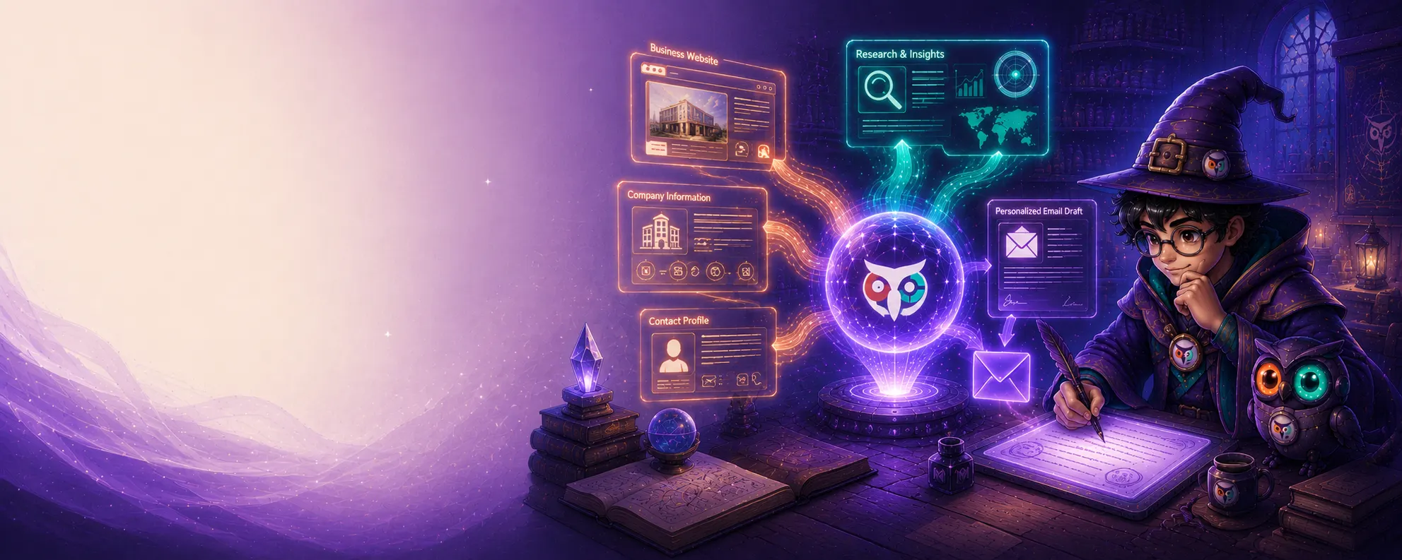 Mage AI gathering a business website, company information, and contact profile into a personalized email draft
