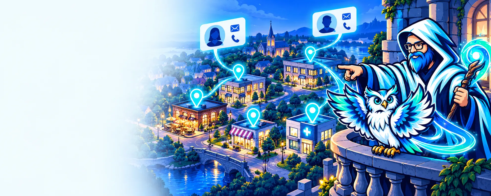 The Mage Mailer mage and owl discovering local businesses and contact information