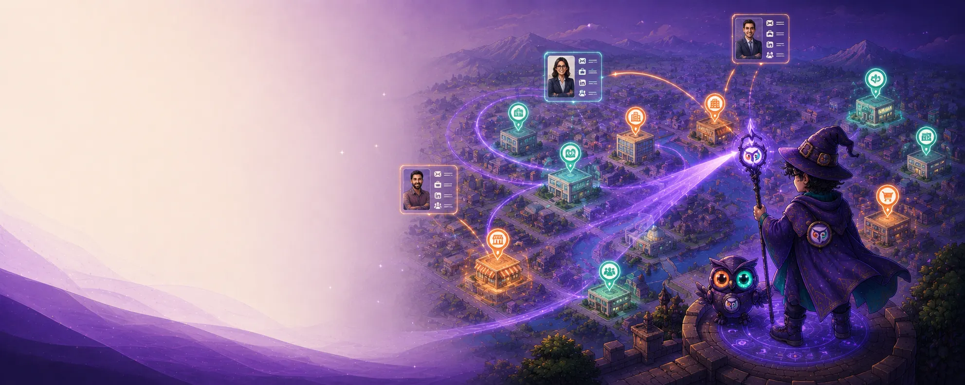 The Mage Mailer mage surveying a town of local businesses, each linked to a discovered contact card