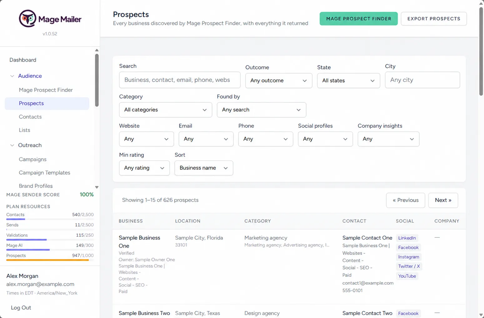 Every discovered business, with outcome and a link to the contact when one exists